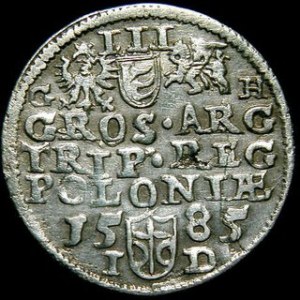 Trojak koronny 1585 GH - ID, mennica Olkusz, Kop.532 R1, Kurp.183 R1, nieznaczne pęknięcie krążka