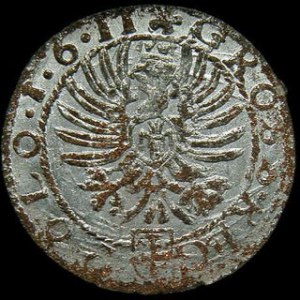 Grosz koronny 1611, Pilawa, falsyfikat z epoki, miedź srebrzona, prawie na całej powierzchni połysk menniczy fałsze...