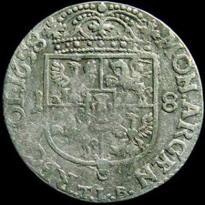 Ort koronny 1658 TLB , brak obwódek na awersie i rewersie, popiersie przedziela napis u góry i u dołu, Kop. 1761 R2...