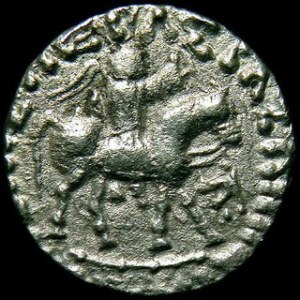 Drachma , władca na koniu, napis grecki / stojący Zeus, napis kharosthi, waga 2,38 g
