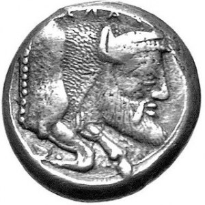Tetradrachma, 480-470 r.p.n.e, Aw. nagi pasterz i koń, Rw. człowiek z głową byka, u góry napis: СEΛΑΣ, Sear 785 (od...