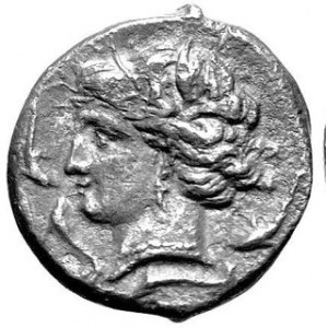 Tetradrachma 350 - 325 r.pne, Aw. Głowa Dido lub Libii w lewo, wkoło cztery delfiny, Rw. Głowa konia w lewo, z praw...