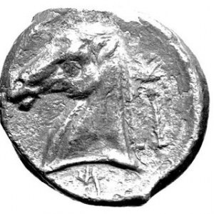 Tetradrachma 350 - 325 r.pne, Aw. Głowa Dido lub Libii w lewo, wkoło cztery delfiny, Rw. Głowa konia w lewo, z praw...