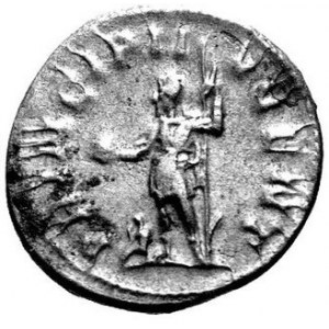 Antoninian, Aw. Popiersie w prawo, głowa w koronie radialnej, napis, Rw. Stojąca postać w lewo, napis: PRINCIPII NV...