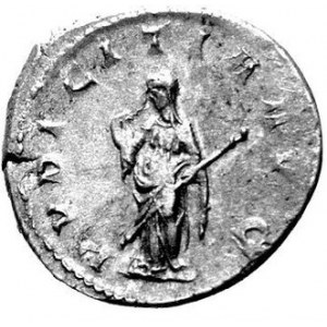 Antoninian, Aw. Popiersie w prawo, napisy, Rw. Postać stojąca w lewo, napis: PVDICITIA, RIC 58b, C 17, waga 3,98 g...