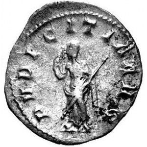 Antoninian, Aw. Popiersie w prawo, napisy, Rw. Postać stojąca w lewo, napis: PVDICITIA, RIC 58b, C 17, waga 3,29 ...