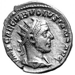 Antoninian, Aw. Popiersie w prawo, głowa w koronie radialnej napisy, Rw. Konkordia siedząca w lewo, napis: CONCORDI...