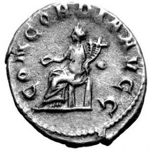 Antoninian, Aw. Popiersie w prawo, głowa w koronie radialnej napisy, Rw. Konkordia siedząca w lewo, napis: CONCORDI...