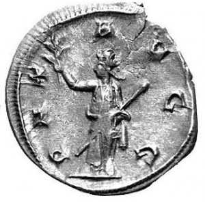 Antoninian, Aw. Popiersie w prawo, głowa w koronie radialnej napisy: IMP GALLIENVS DAVG, Rw. Postać stojąca w lewo,...