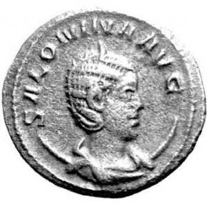Antoninian, Aw. Popiersie w prawo, napis: SALONINA AVG, Rw. Galienus otrzymuje od siedzącej Romy wiktorię, napis, R...