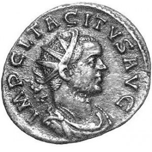 AE-Antoninian, Aw. Popiersie w prawo, głowa w koronie radialnej, napis: IMP CLTACITVS AVG, Rw. Stojąca postać w lew...
