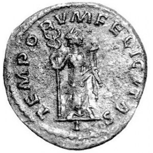 AE-Antoninian, Aw. Popiersie w prawo, głowa w koronie radialnej, napis: IMP CMANFLORIANVS.AVG, Rw. Stojąca postać w...