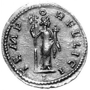 AE-Antoninian, Aw. Popiersie w prawo, głowa w koronie radialnej, napis: IMP CPROBVS. P. F.AVG, Rw. Stojąca postać w...