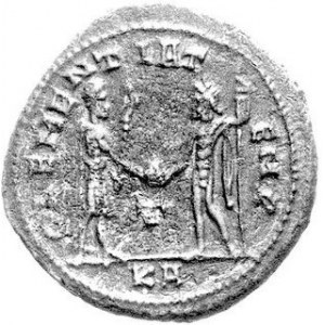 AE-Antoninian, Aw. Popiersie w prawo, głowa w koronie radialnej, napis: IMP CMAVR PROBVS. P. F.AVG, Rw. Stojące dwi...