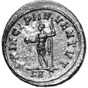 AE-Antoninian, Aw. Popiersie w prawo, głowa w koronie radialnej, napis, Rw. Stojąca postać w lewo, napis: PRINCIPI ...
