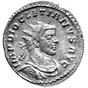 Antoninian, Aw. Popiersie w prawo, głowa w koronie radialnej napis: IMP DIOKLETIANVS AVG, Rw. Postać stojąca w lewo...