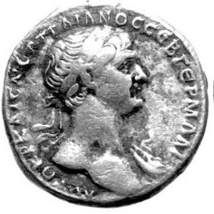 Tridrachma, men. Cezarea w Kapadocji, Aw. Popiersie w prawo, napis: ΑΥΤΟΚΡ. KAIC. NЄP. TPAIANOC. CЄB. ΓЄΡΜ. ΔΑΚ, Rw...