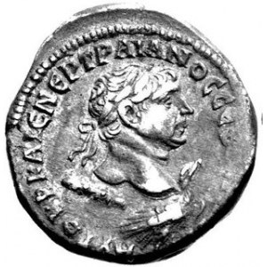 Tetradrachma, men. Antiochia, Aw. Głowa w prawo, legenda: AVTO K P KAIC NEP TPAIANOC CEB GEPM DAK, Rw. postać kobi...