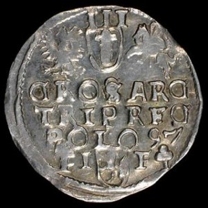 Trojak 1597, m. Wschowa, jak Kop. 1065 ale zupełny brak znaków przestankowych na aw. i rw