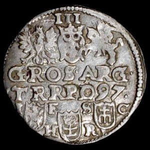 Trojak 1597, m. Bydgoszcz, Kop. - (jak Kop. 1069 R ale brak kropek przy III)