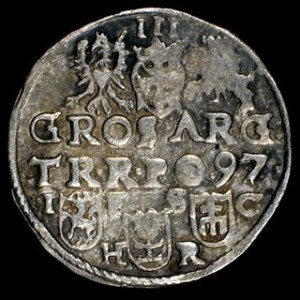 Trojak 1597, m. Bydgoszcz, Kop. - (jak Kop. 1069 R ale brak kropek przy III), odm.