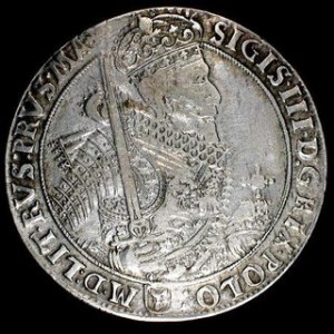 Talar 1628, H.Cz. 1579, zbliżony do Kop.1375 R ale PRVS. MA + i bez krzyżyka przed SIGIS