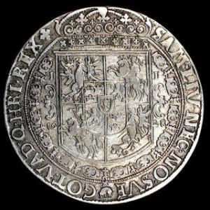 Talar 1628, H.Cz. 1579, zbliżony do Kop.1375 R ale PRVS. MA + i bez krzyżyka przed SIGIS