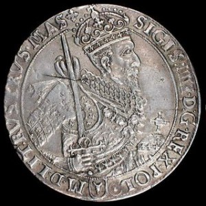 Talar 1628, zbliżony do Kop.1375 R ale SIGIS IIIII, bez krzyżyka przed SIGIS, w napisie pęknięcie na aw.