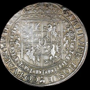 Talar 1628, zbliżony do Kop.1375 R ale SIGIS IIIII, bez krzyżyka przed SIGIS, w napisie pęknięcie na aw.