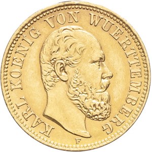 Württemberg, Charles (1864-1891). 5 mark 1877, F, Stuttgart.