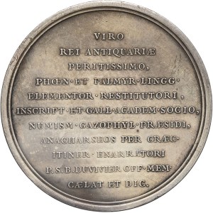 Dyrektoriat (1795-1799). Medal w hołdzie Jeanowi-Jacques'owi Barthélémy'emu, historykowi, strażnikowi Cabinet des médailles i pisarzowi, autorstwa P.-S.-B. Duviviera, Frappe spéciale (SP) 1795 (1798, mennictwo XX w.), Paryż.