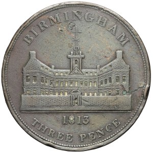 George III (1760-1820). Warwickshire, 3 pence token or 1/80 paper pound, Birmingham Workhouse 1813.
