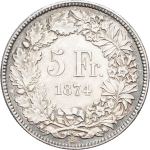 Swiss Confederation (1848 to present). 5 francs, Helvetia assise 1874, B, Bern.