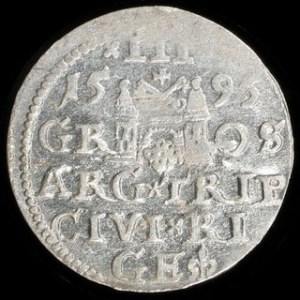 Srebro (Ag) Średnica: 21 mm Waga: 2,41 g NOWOŻYTNE MONETY POLSKIE ZYGMUNT III WAZA (1587-1632) Trojak ryski - 1595 ...