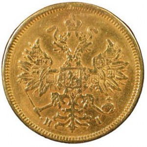 5 Rubli 1877 HI, Harris 406, Au, w. 6,32 g, ślady reperacji