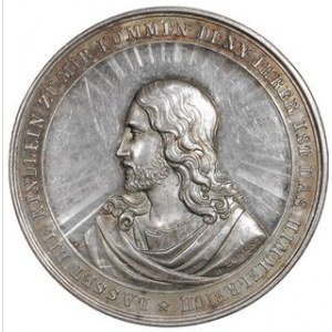 Medal Chrzcielny, G. LOOS DIR, aw. Popiersie Jezusa dookoła napis, Ø 38 mm, w.16,5 g