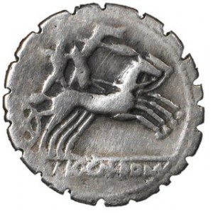 Denar serratus, L. Pomponivs, 118 p.n.e, Syd. 522 Sear RC 158, w. 2,75 g., Ø 18 mm, denar wybity z okazji założenia...