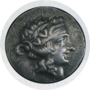 Tetradrachma, naśladownictwo monety trackiej wyspy Tassos, Aw. Głowa młodego Dionizosa w wieńcu z bluszczu, Rw. S...