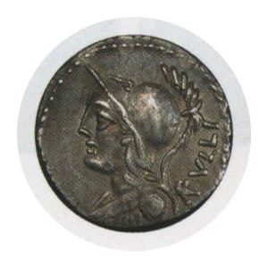 Denar, P Servilius M F Rullus. 100 p.n.e., m. Rzym, Głowa Minerwy w hełmie w lewo, z tyłu RVLLI Wiktoria w bidze w ...
