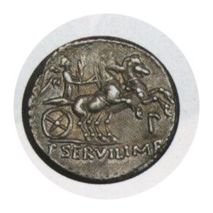 Denar, P Servilius M F Rullus. 100 p.n.e., m. Rzym, Głowa Minerwy w hełmie w lewo, z tyłu RVLLI Wiktoria w bidze w ...