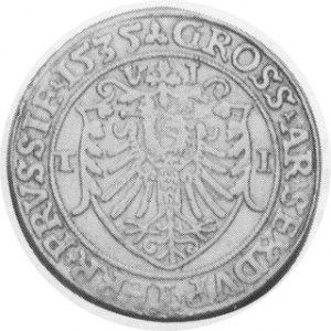 1535 I-I. AR Szostak (6 Groszy). Thorn Mint. Design as last, equally as nice and very nearly as rare. Gum. 540;...