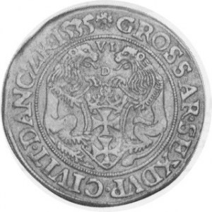 Danzig. 1535. AR Szostak (6 Groszy). Danzig Mint. Crowned bust with short hair right / City arms held by 2 lions....