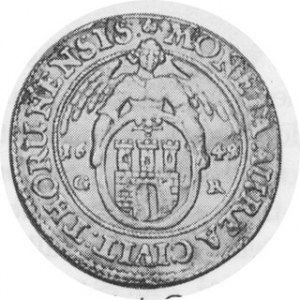 Thorn. 1649. Gold Ducat. Thorn Mint. Crowned and armored bust right / Angel over city arms, G - R to sides. Gum....