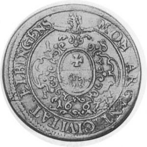 1667. AR Ort (18 Groszy). Elbing Mint. Crowned and armored bust right / Angel's head over city arms in an ornate frame, ...
