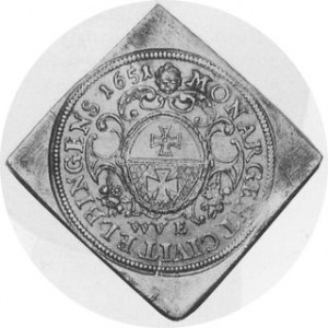 1651. AR 1/2 Talara Klippe (18 Groszy Dies) (14.39 gm). Elbing Mint. Crowned and armored bust Casimir right /...