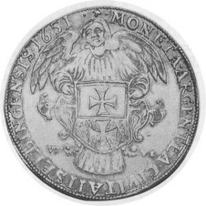 1651. AR Talar. Elbing Mint. Crowned bust right with ornate breastplate and lion's head on shoulder /...