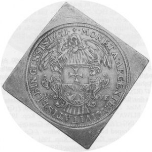 1651. AR 1-1/2 Talar Klippe. Elbing Mint. Crowned and armored bust with lion's head on ornate breastplate / Angel holds ...
