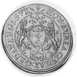 Danzig. 1672. Gold Ducat. Danzig Mint. Crowned and armored bust with much drapery and a lion's head on shoulder facing r...