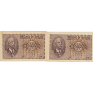 Italian Banknotes - BIGLIETTI DI STATO 5 Lire Impero 1944 - Lot of 2 banknotes...