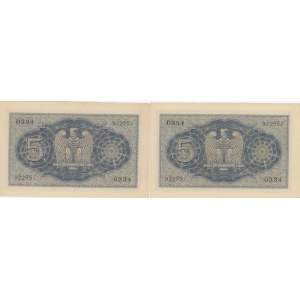 Italian Banknotes - BIGLIETTI DI STATO 5 Lire Impero 1944 - Lot of 2 banknotes...
